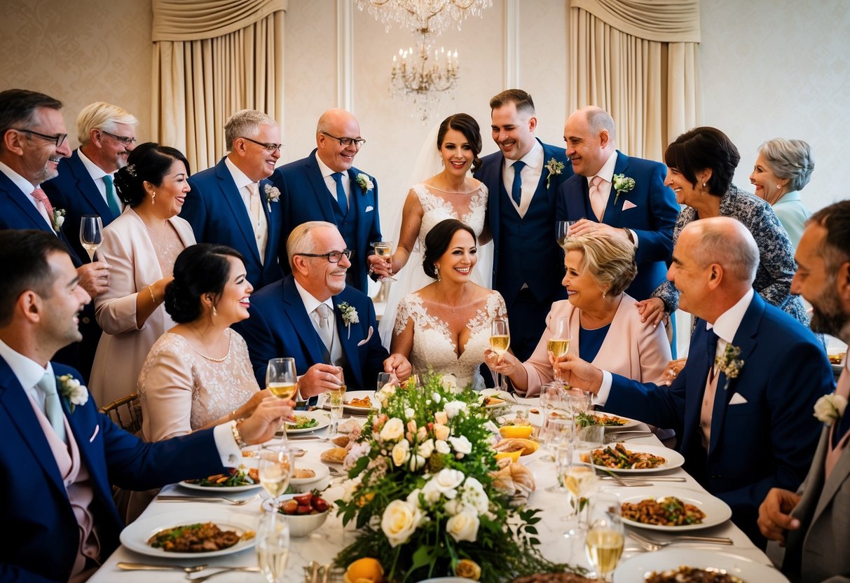 A bride and groom's families gather around a banquet table, sharing dishes and toasting to the newlyweds