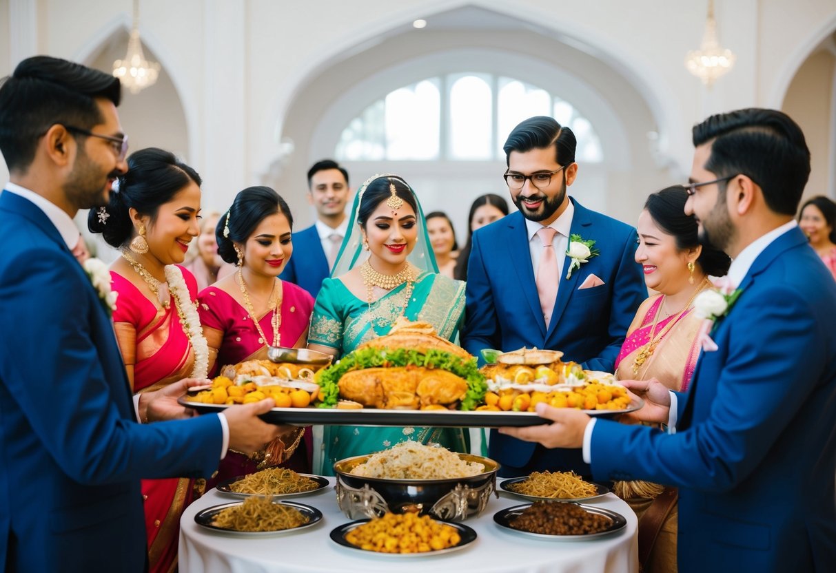 A groom's family presents a large feast to the bride's family, symbolizing their responsibility for covering the cost of the wedding food
