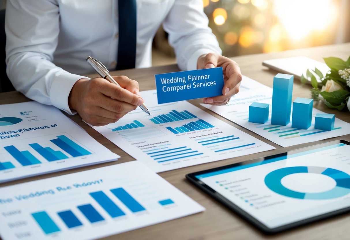 A wedding planner carefully comparing prices of various services, surrounded by charts and graphs illustrating cost breakdowns