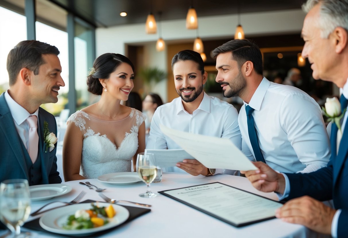A couple and their families discussing wedding expenses at a restaurant, with a menu and bill visible on the table