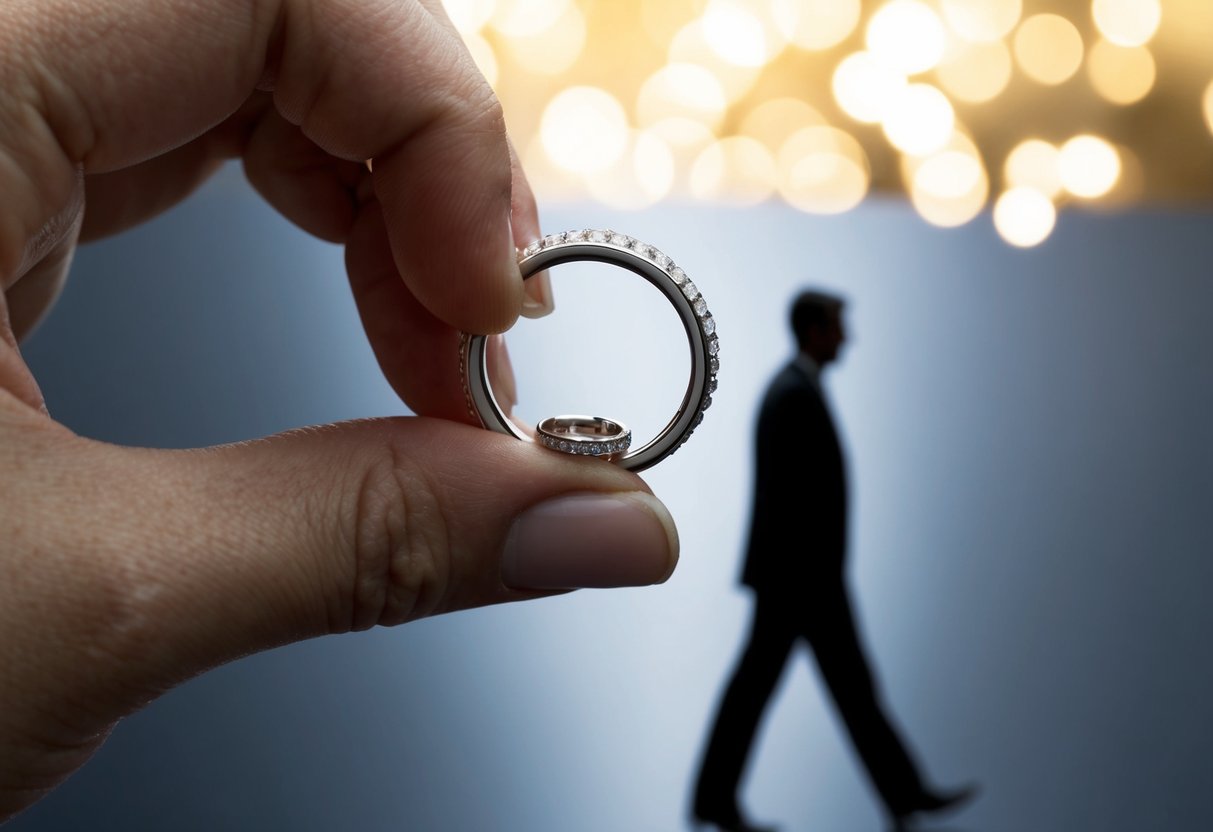 A wedding ring being removed from a finger, with a shadow of a figure walking away in the background