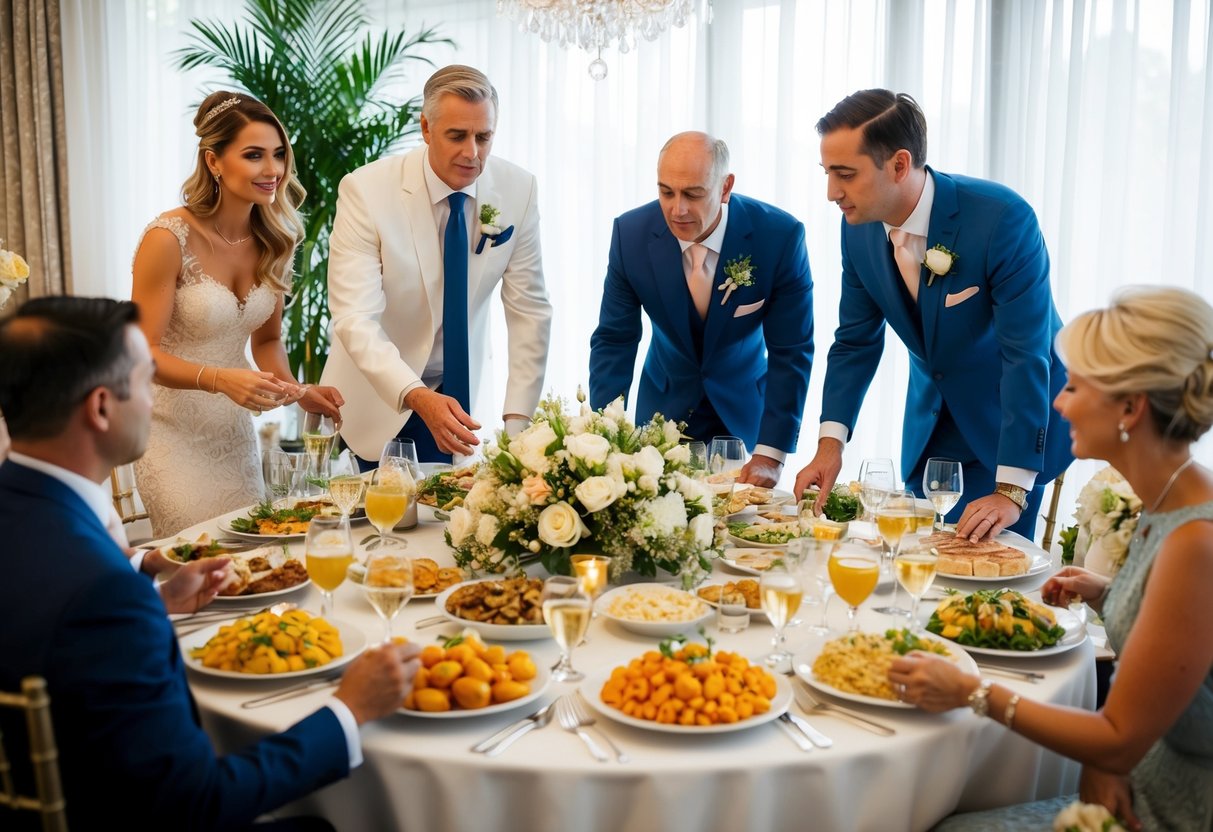 A family gathering around a table with a lavish spread of food, with the bride and groom's families discussing and negotiating the costs of the wedding