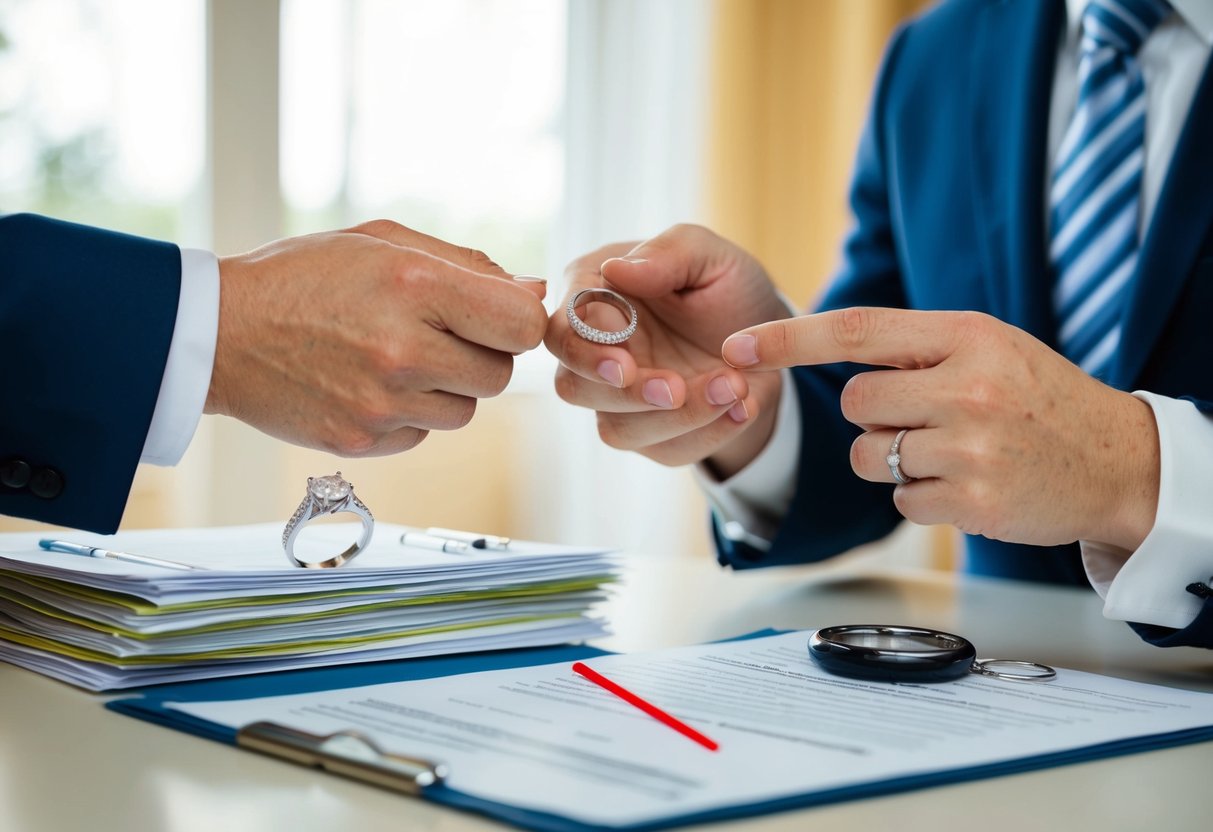 A couple exchanging wedding rings, while a stack of pension and financial planning documents sits on a table, with a red line crossing out certain benefits
