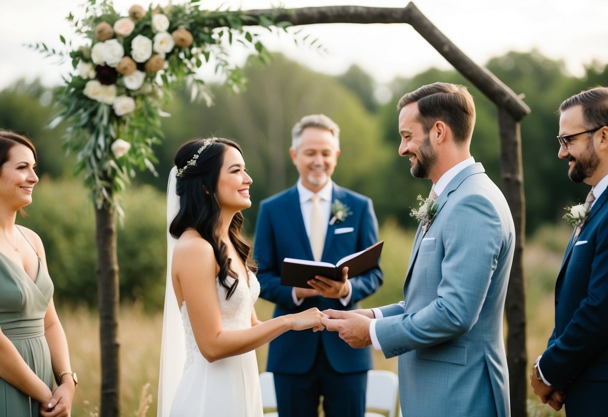 A couple exchanging vows in a simple outdoor ceremony with a small group of friends and family, surrounded by nature and natural decorations