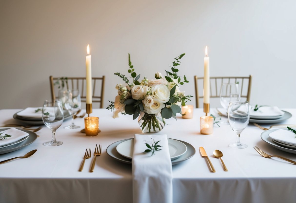 A simple, elegant table setting with white linens, minimal floral centerpieces, and candlelight