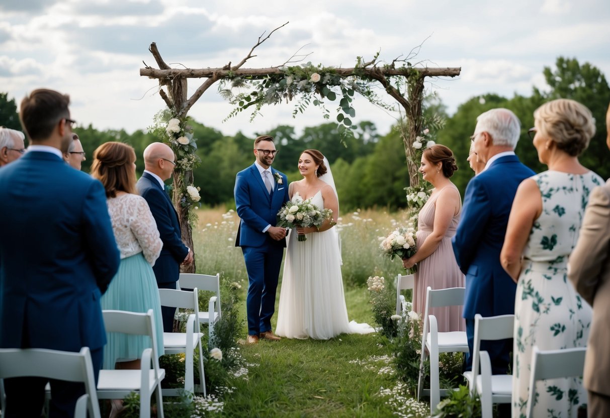 A simple outdoor wedding ceremony with homemade decorations and natural elements, such as wildflowers and tree branches, surrounded by friends and family