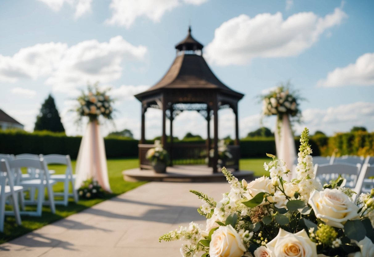 A beautiful outdoor wedding setting with flowers, a gazebo, and elegant decorations