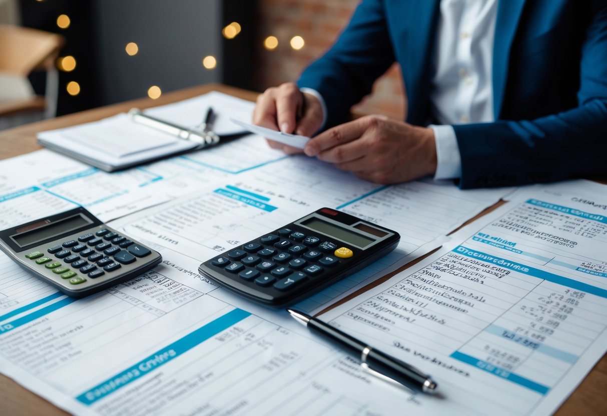 A couple sits at a table covered in spreadsheets and receipts, calculating wedding expenses. A calculator and pen lay nearby