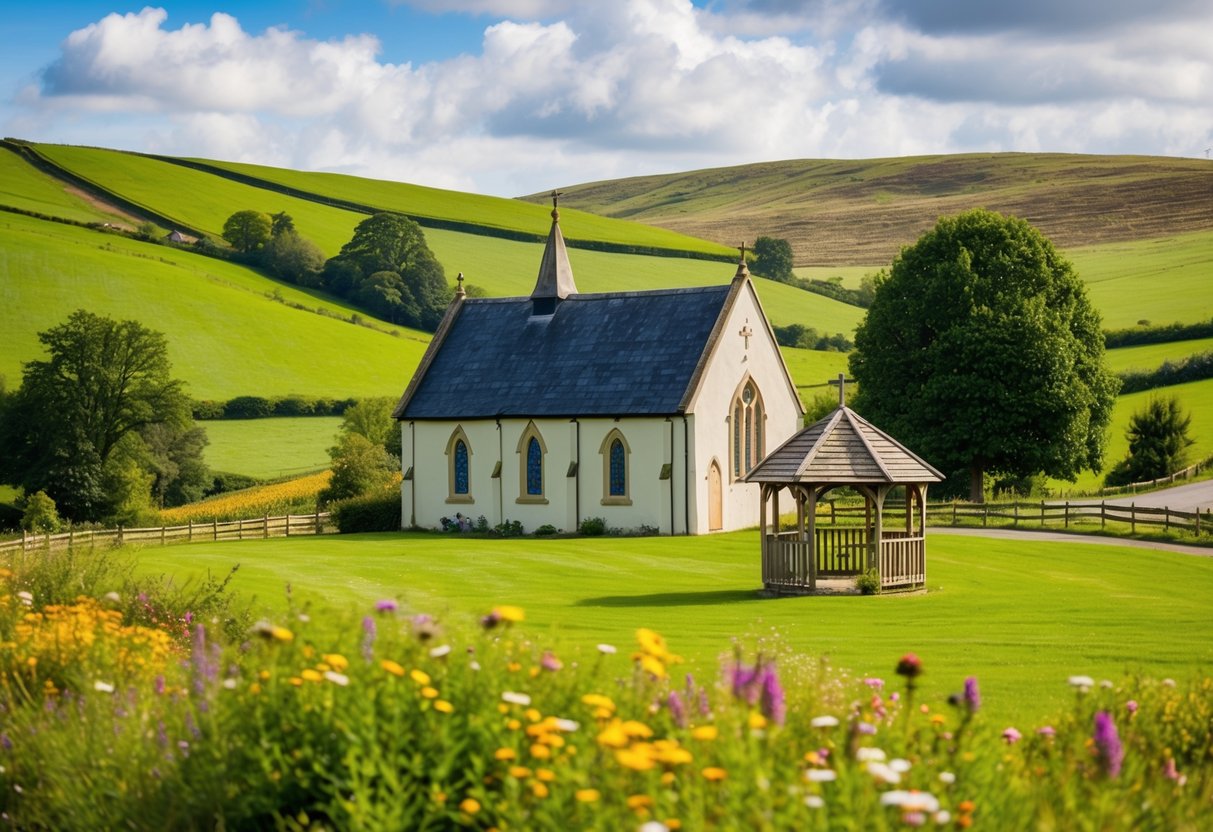 A quaint countryside church with rolling green hills, colorful wildflowers, and a rustic wooden gazebo for a budget-friendly wedding in the UK