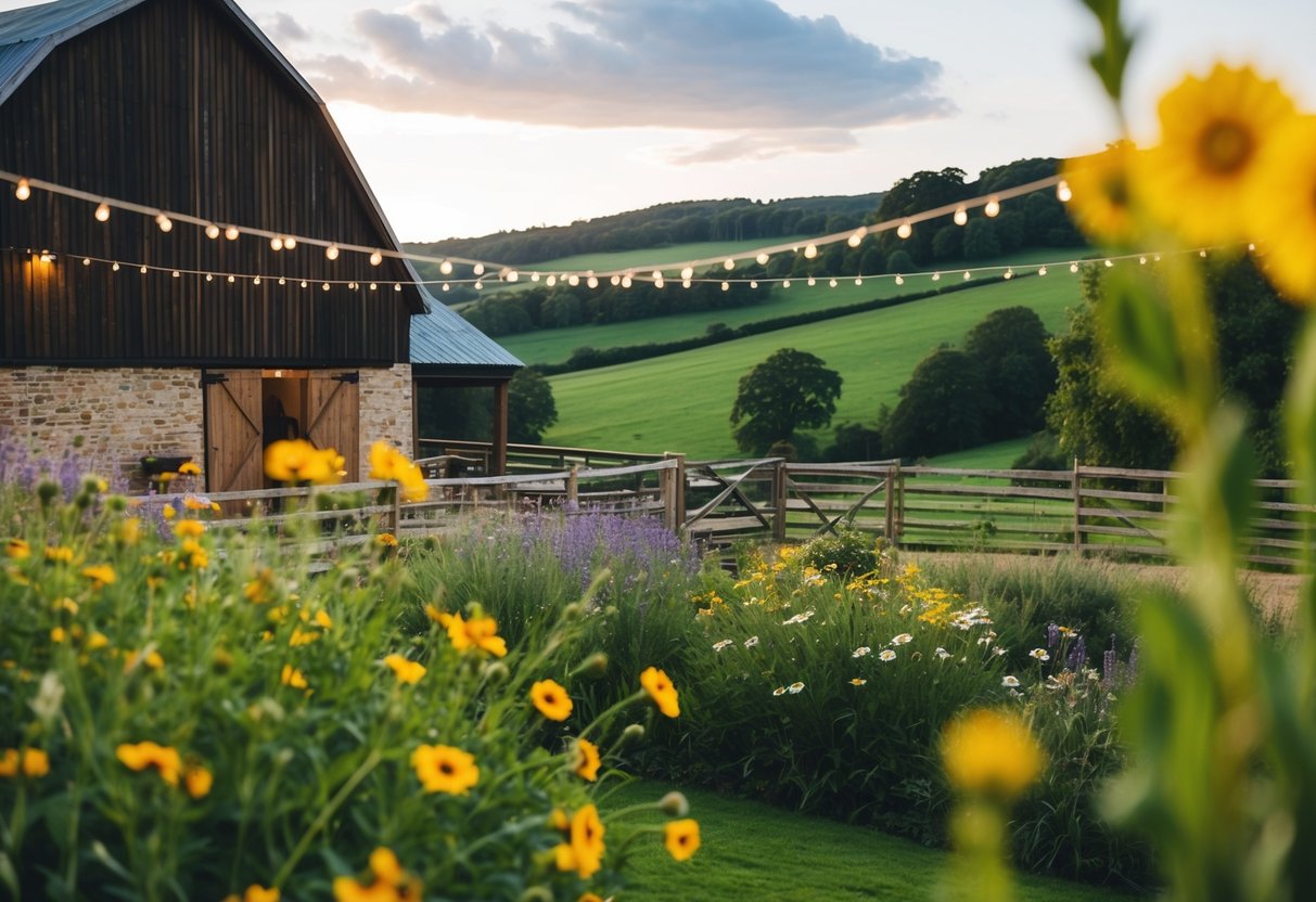 A rustic barn venue with string lights and wildflowers, overlooking rolling green hills in the UK countryside