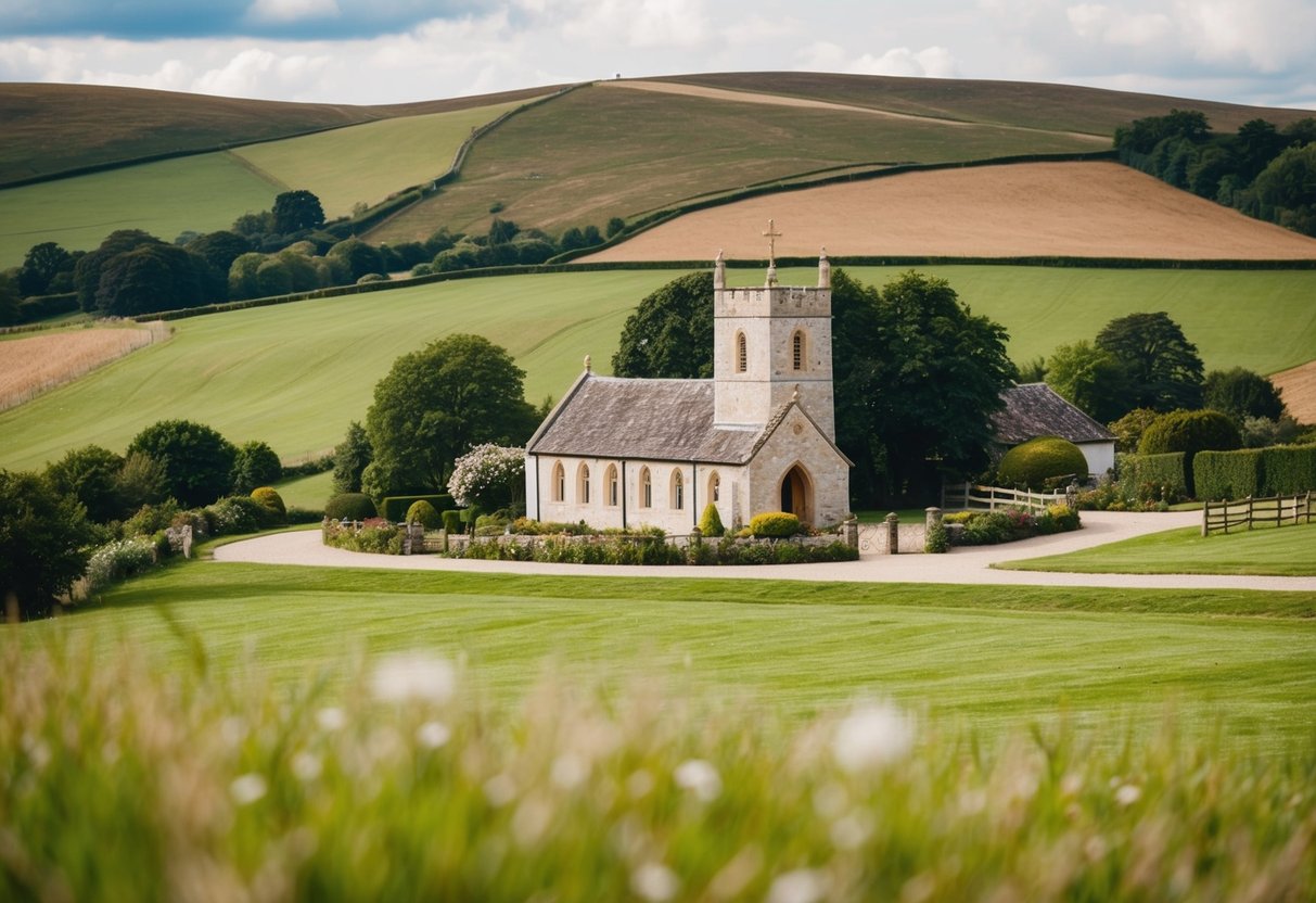 A quaint countryside wedding venue with rolling hills and a charming old stone church in the background