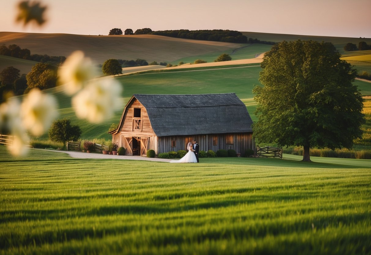 A picturesque countryside wedding venue with rolling hills and a charming old barn