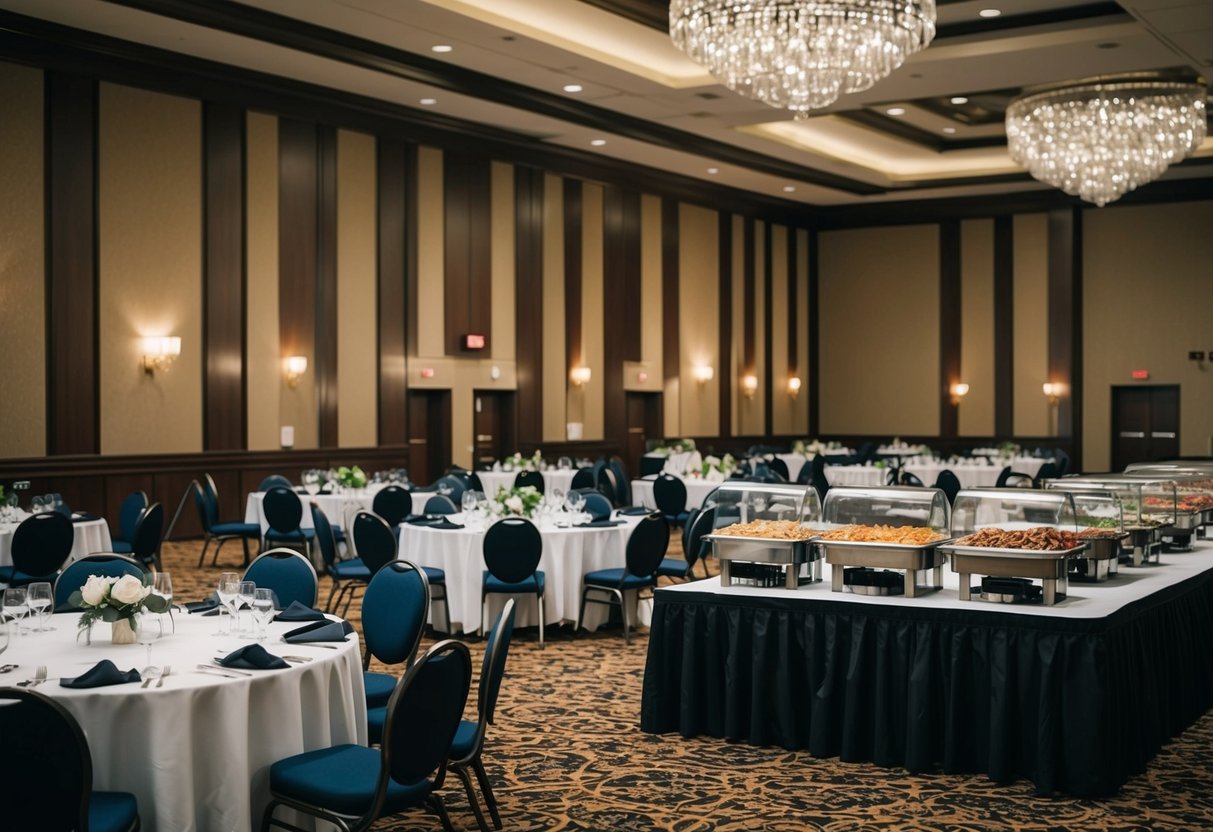 A banquet hall with round tables, elegant place settings, and a buffet table with a variety of food options