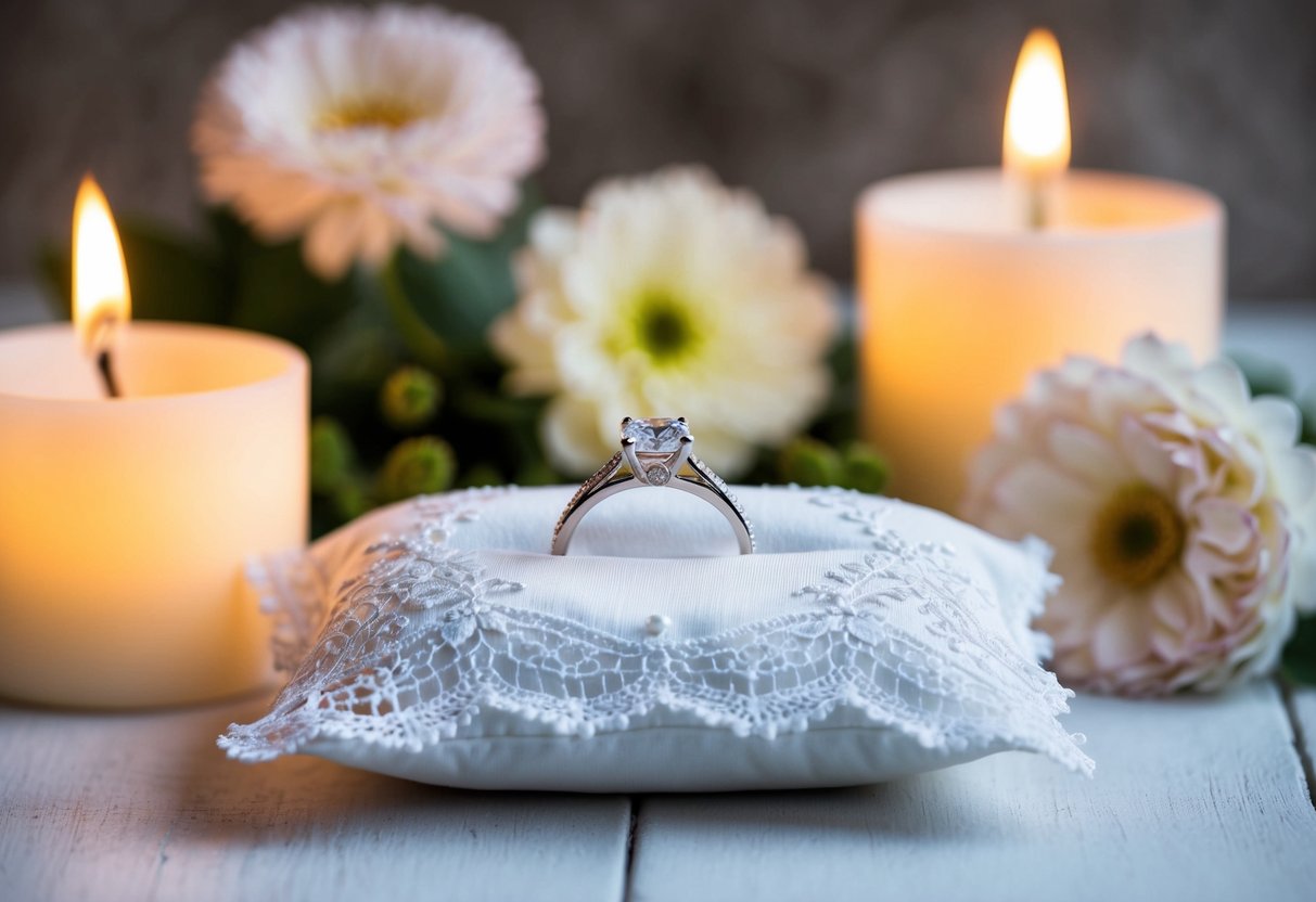 A wedding ring on a white lace pillow, surrounded by blooming flowers and soft candlelight
