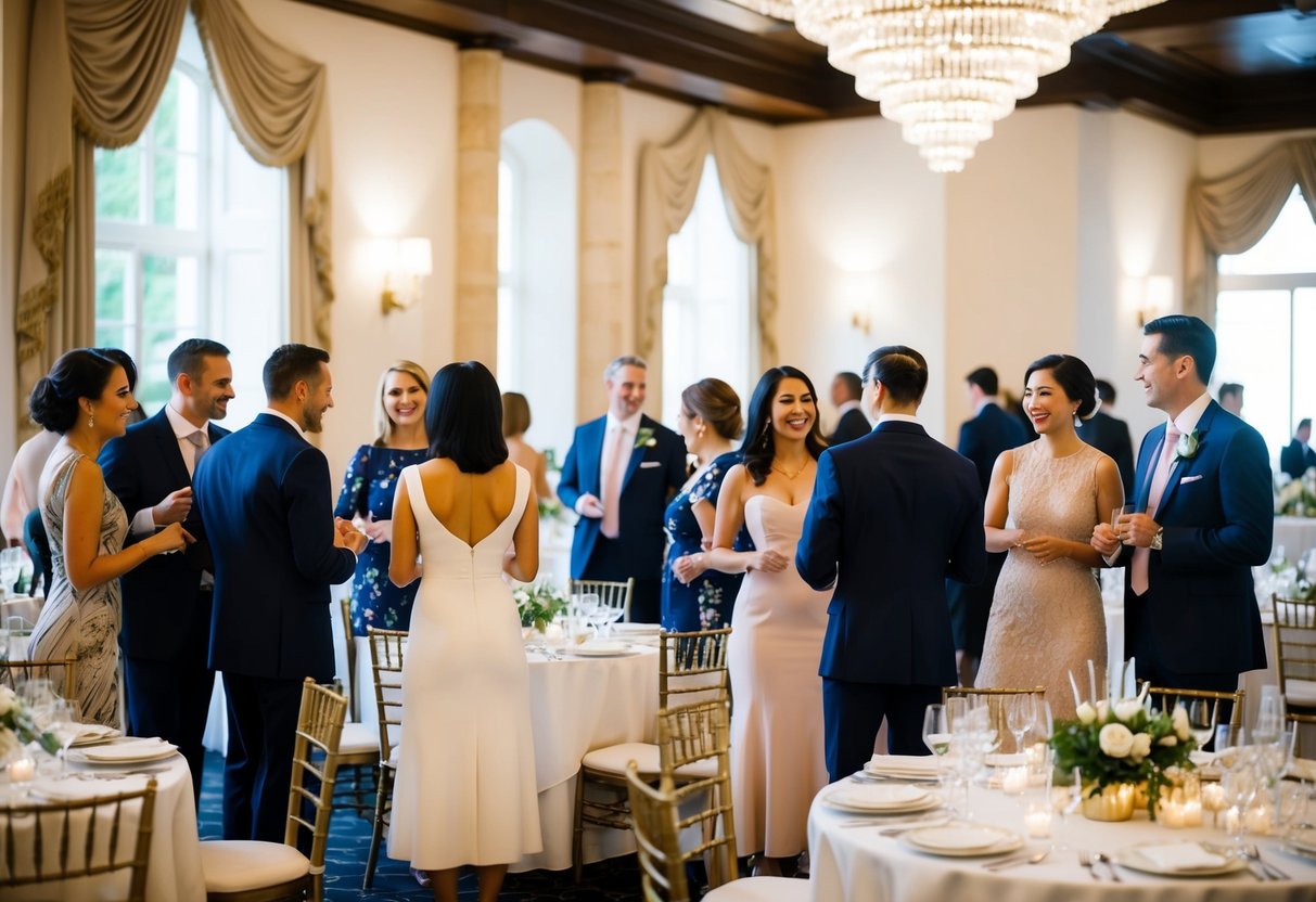 A group of elegantly dressed figures mingling and conversing in a beautifully decorated venue, with tables set for a celebratory meal