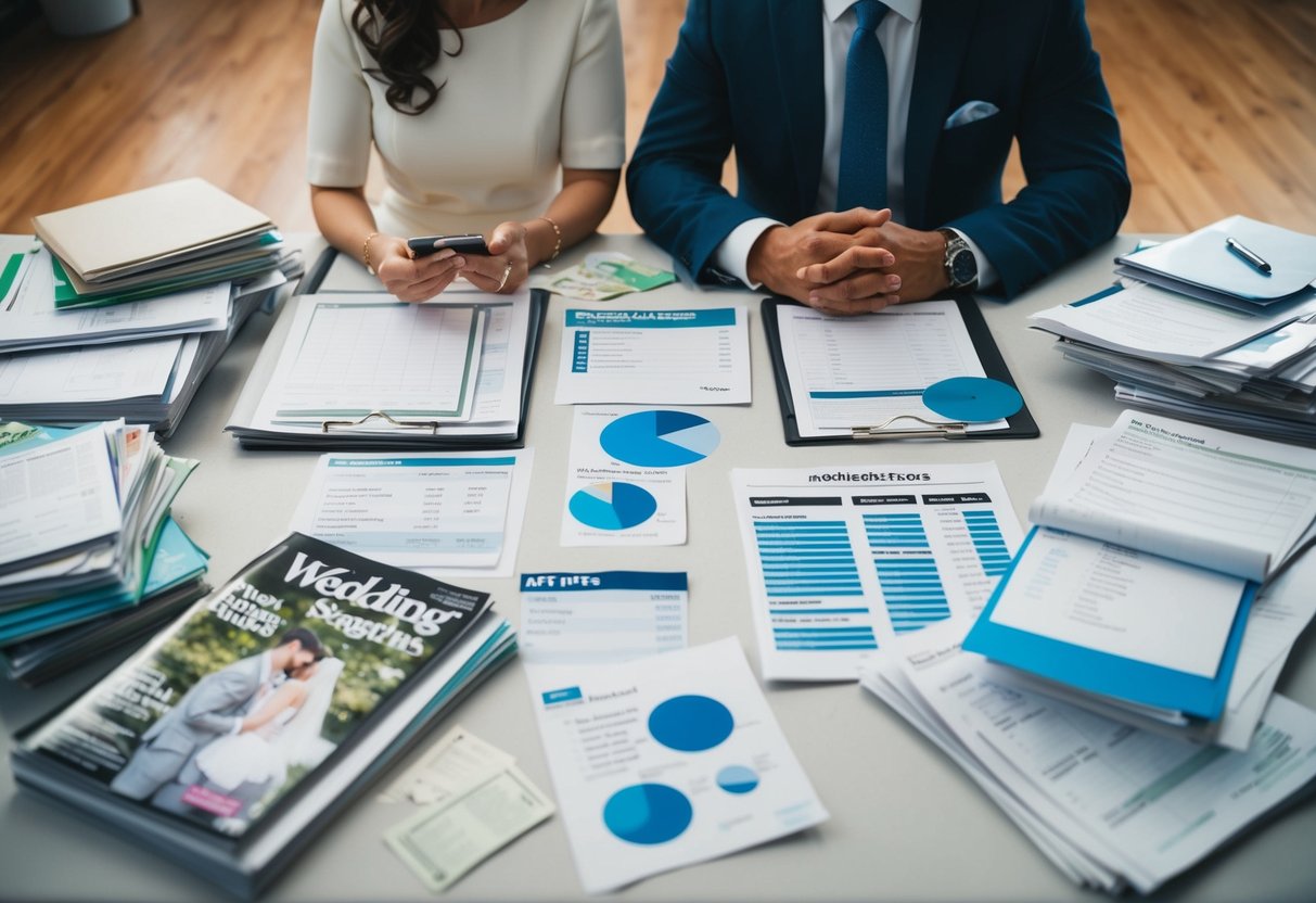 A table covered in wedding magazines, spreadsheets, and receipts, surrounded by a couple deep in discussion