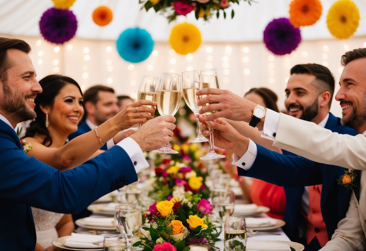 Wedding guests raising glasses in a toast, surrounded by colorful decorations and flowers