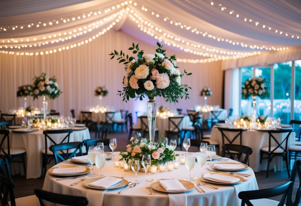 A beautifully decorated wedding reception venue with floral centerpieces, elegant table settings, and twinkling string lights