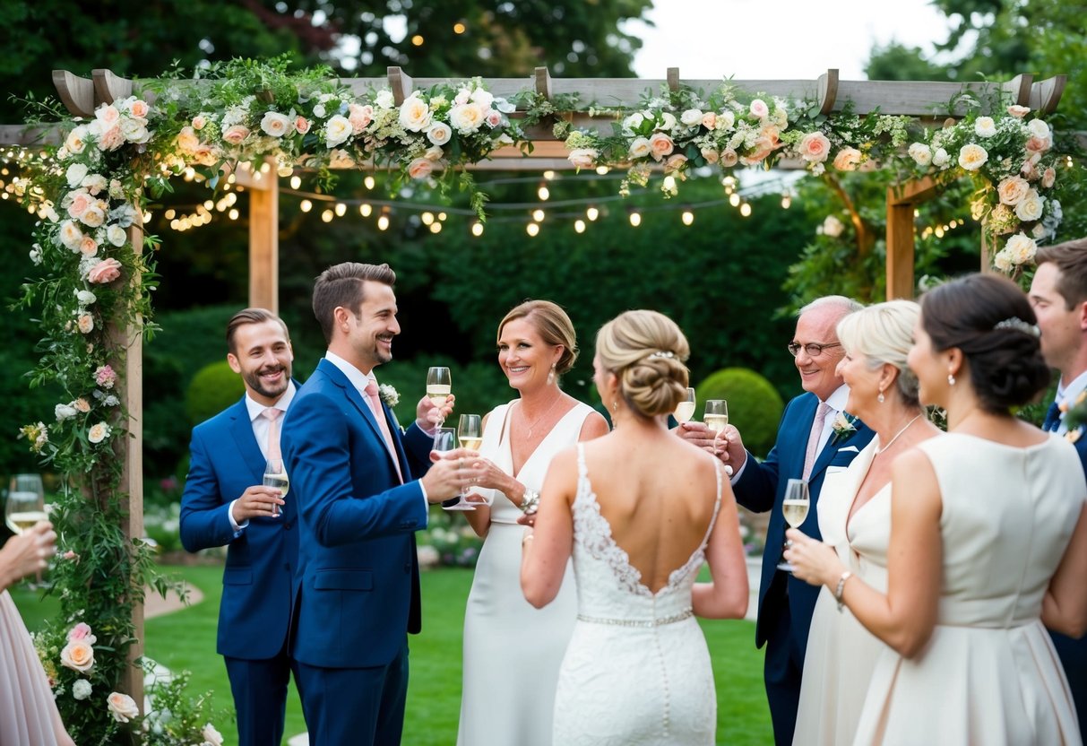 Wedding guests mingling and toasting in a garden adorned with flowers and twinkling lights