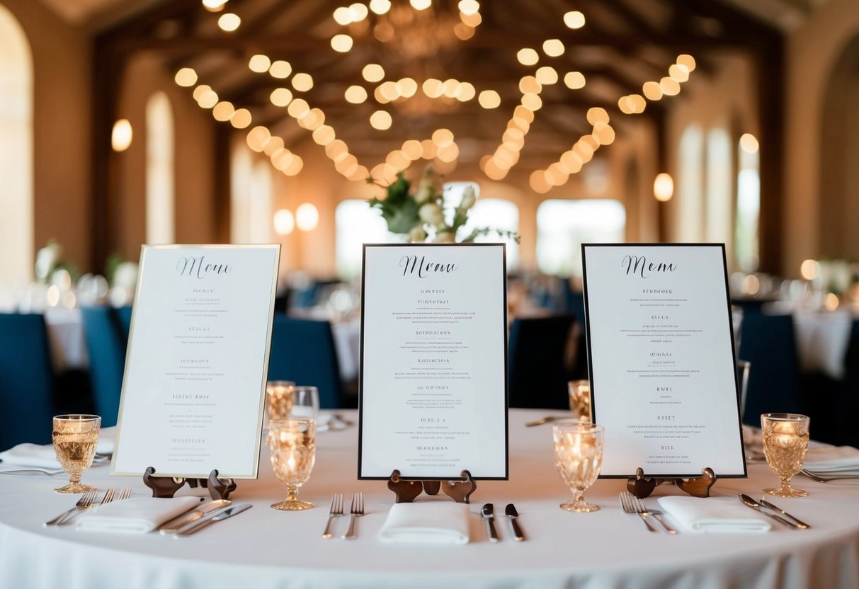 A table with multiple elegant menu options displayed for a wedding