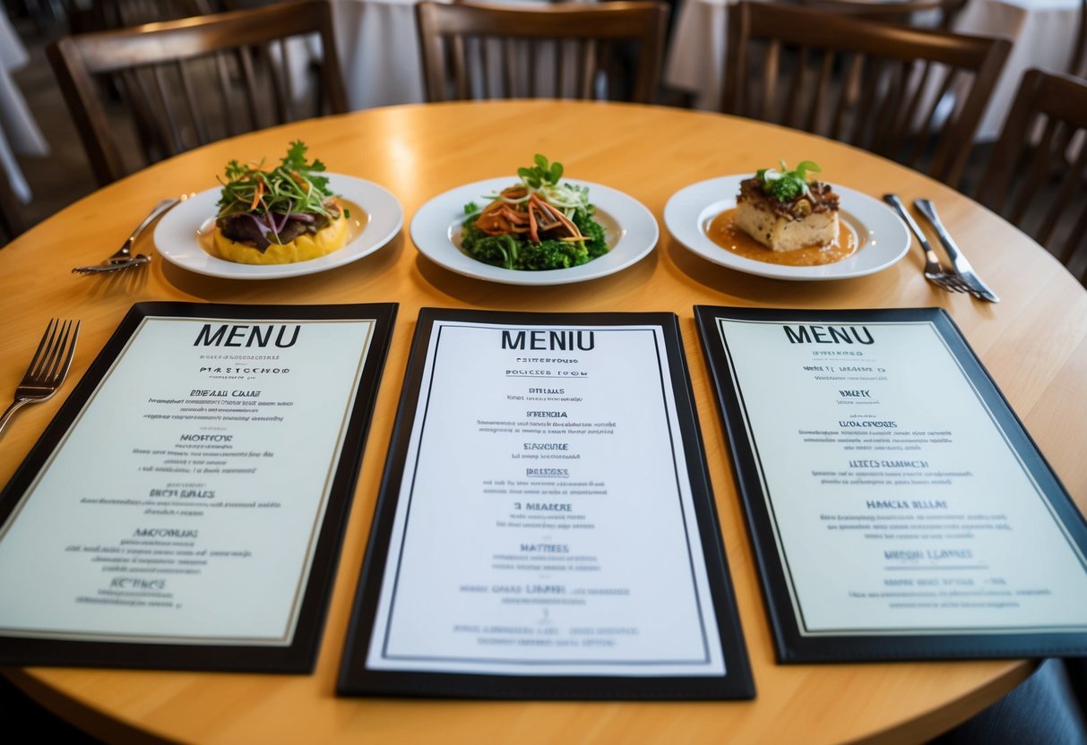 A table set with three different menus, each featuring a variety of dishes catering to special dietary needs