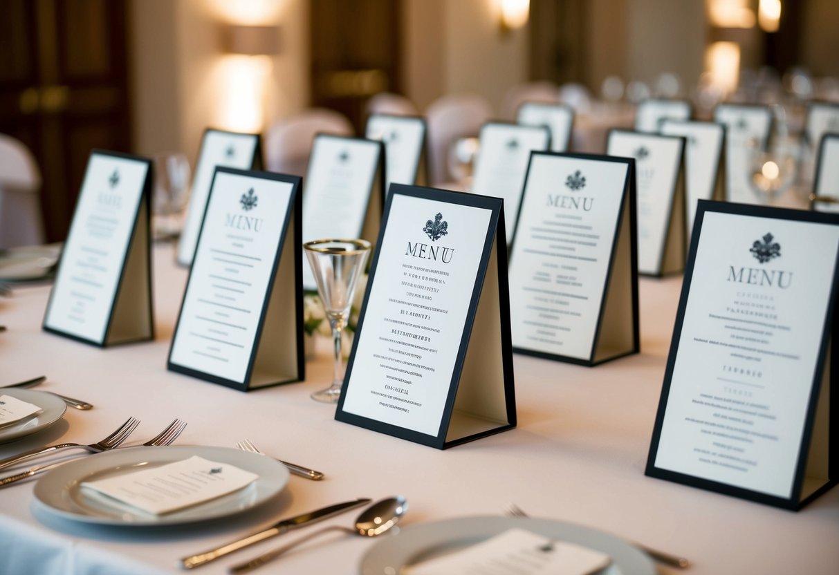 A table set with multiple elegant wedding menus arranged in a neat row, ready to be placed at each guest's setting