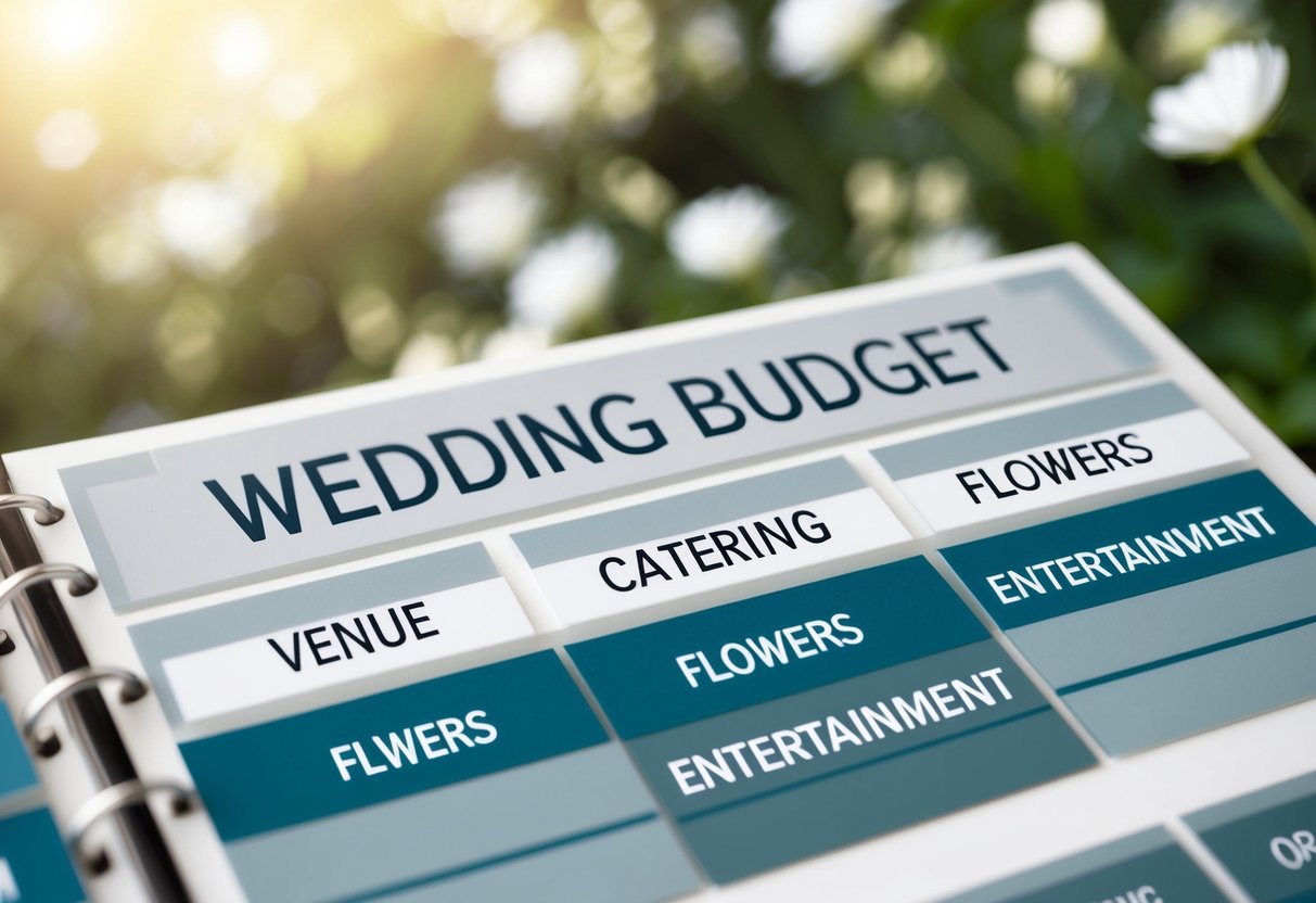 A wedding budget being split into sections, with categories like venue, catering, flowers, and entertainment clearly labeled and organized