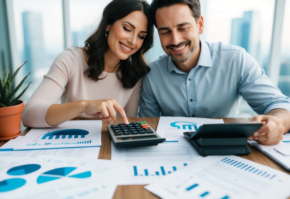 A married couple at 40 surrounded by financial documents and a calculator