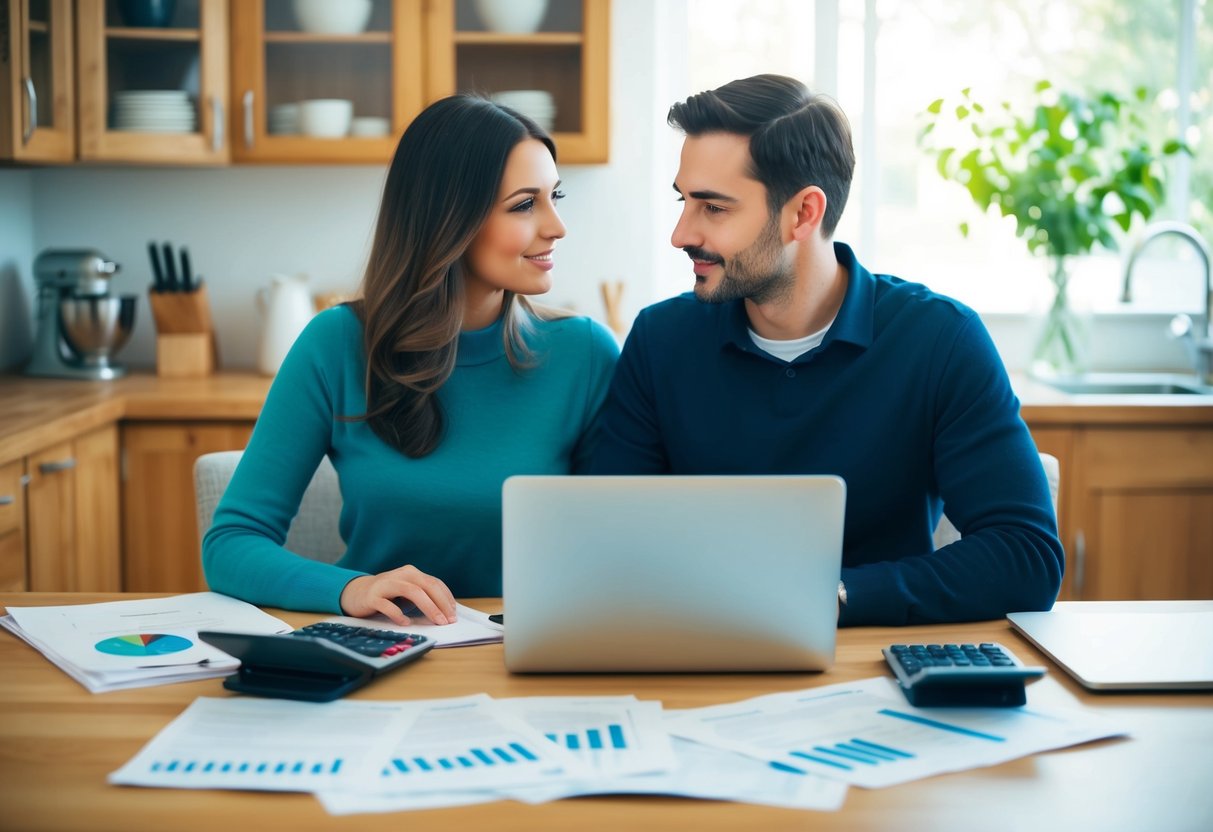 A couple sitting at a kitchen table with financial documents spread out, calculators, and a laptop, discussing their current financial standing