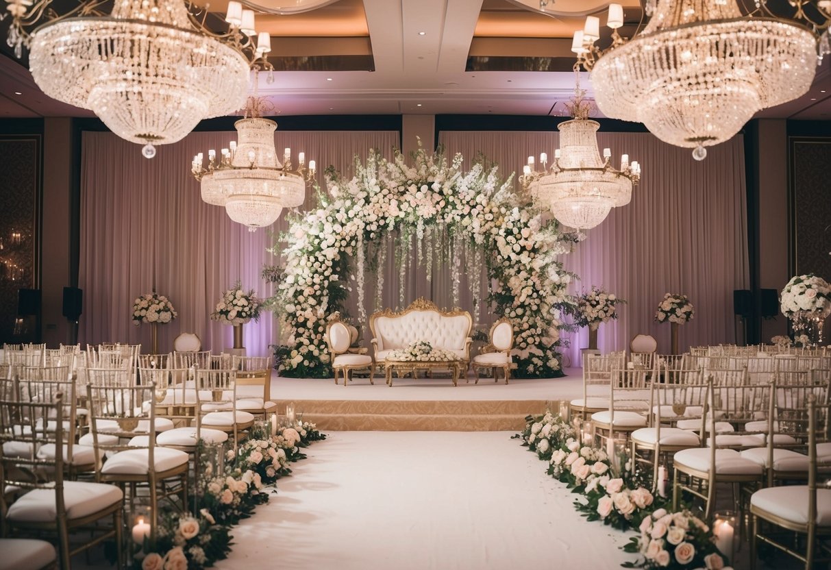 A lavish wedding venue with opulent decorations and a grand floral arrangement