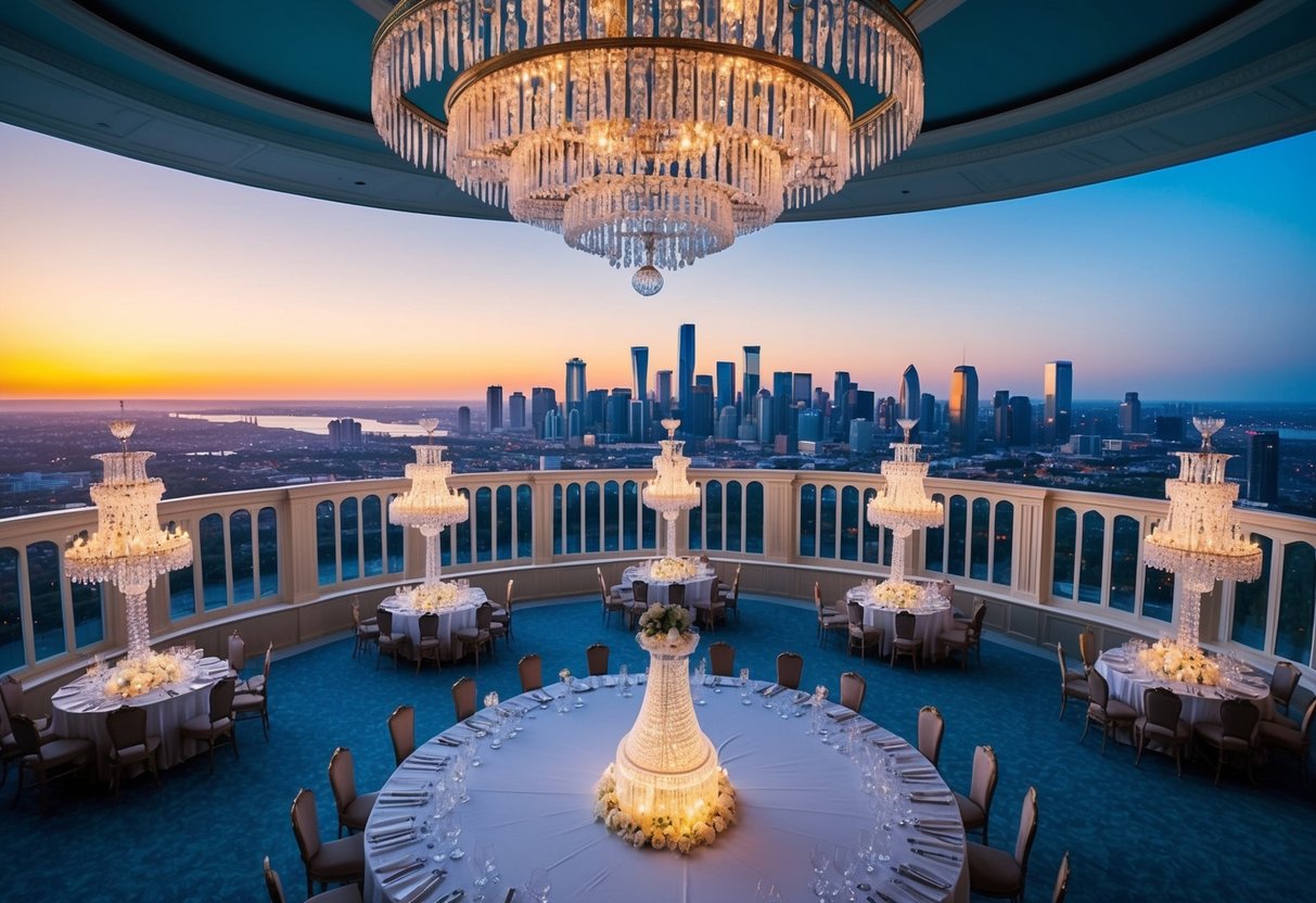 A grand ballroom with crystal chandeliers and ornate decor, overlooking a scenic view of the city skyline at sunset