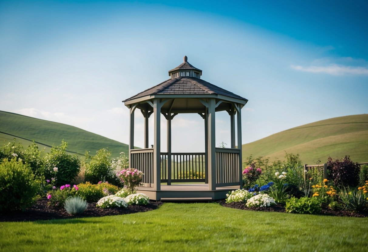 A serene outdoor garden with a simple gazebo and blooming flowers, surrounded by rolling hills and a clear blue sky