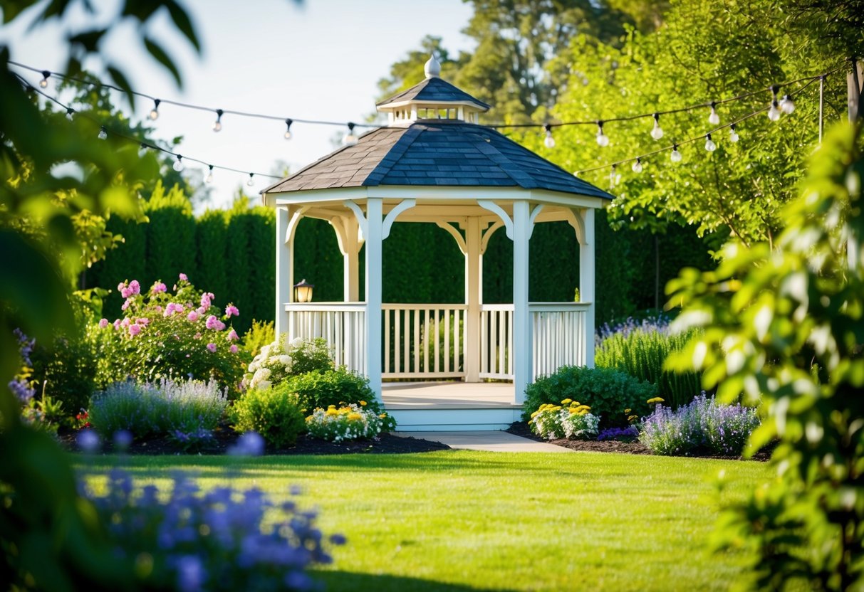 A charming outdoor garden with a gazebo and string lights, surrounded by lush greenery and blooming flowers