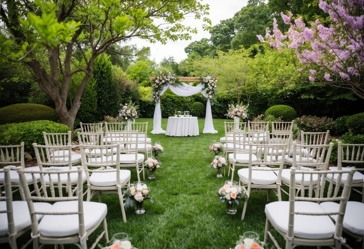 A serene outdoor wedding venue with budget-friendly decorations and seating arrangements, surrounded by lush greenery and blooming flowers