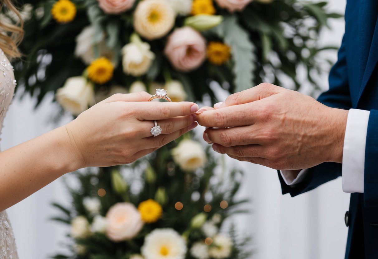 A couple's hands exchanging wedding rings while surrounded by flowers and a decorative backdrop
