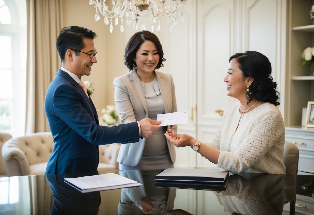 A parent handing over a check to a wedding planner in an elegant, tastefully decorated office