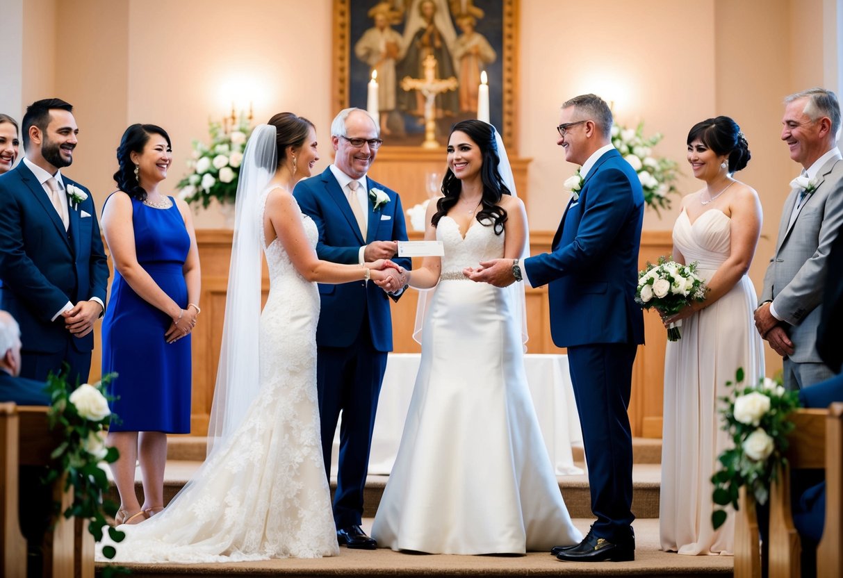 A bride and groom stand at a wedding altar, surrounded by family and friends. The groom's parents hand over a check to the bride's parents