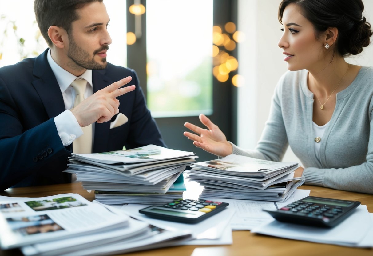 A couple sits at a table, discussing wedding expenses. A pile of wedding magazines and a calculator are scattered across the table. They appear to be deep in conversation, with one partner gesturing towards the stack of papers