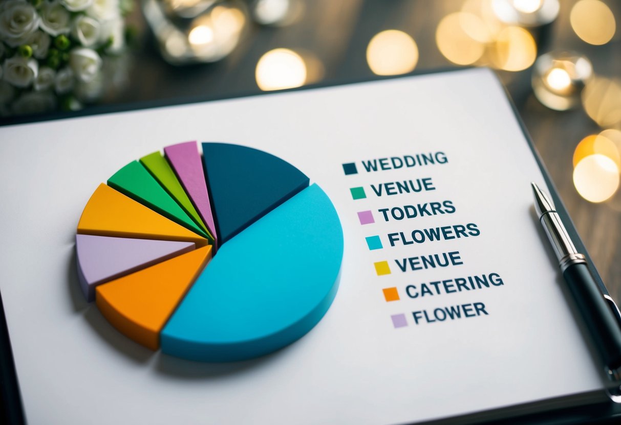 A wedding budget pie chart with sections for different expenses, including venue, catering, flowers, and more