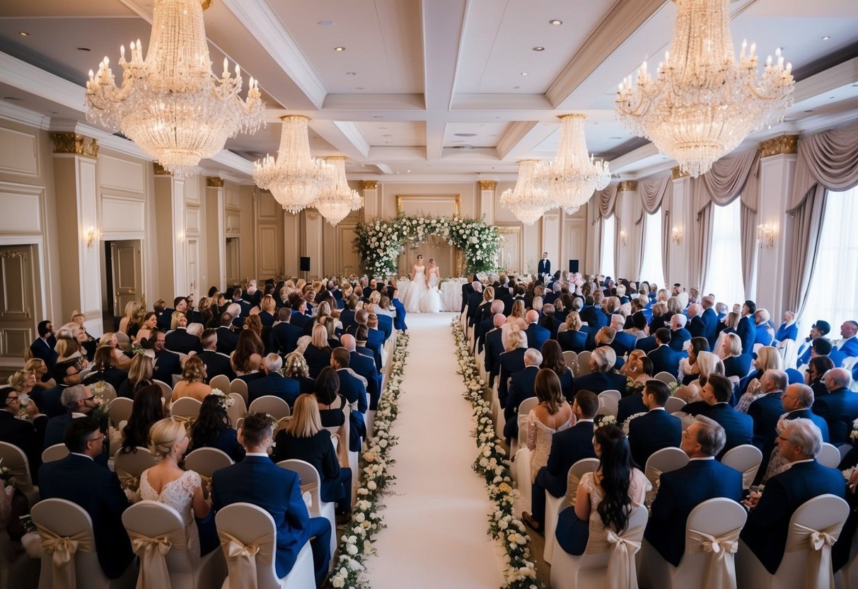 A grand wedding venue filled with elegant decorations and seating for a large number of guests