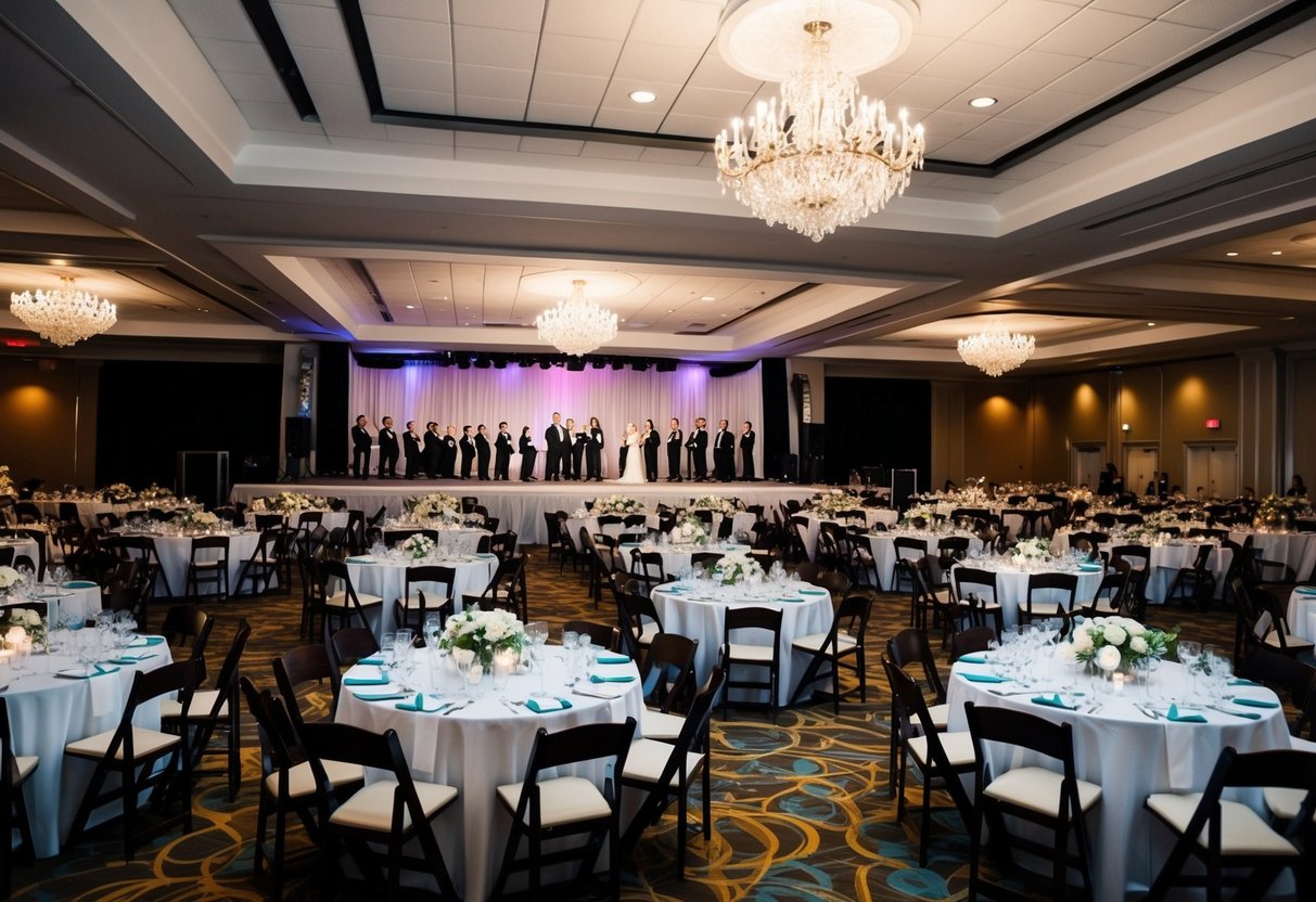A crowded wedding venue with numerous tables and chairs, a dance floor, and a stage for the band