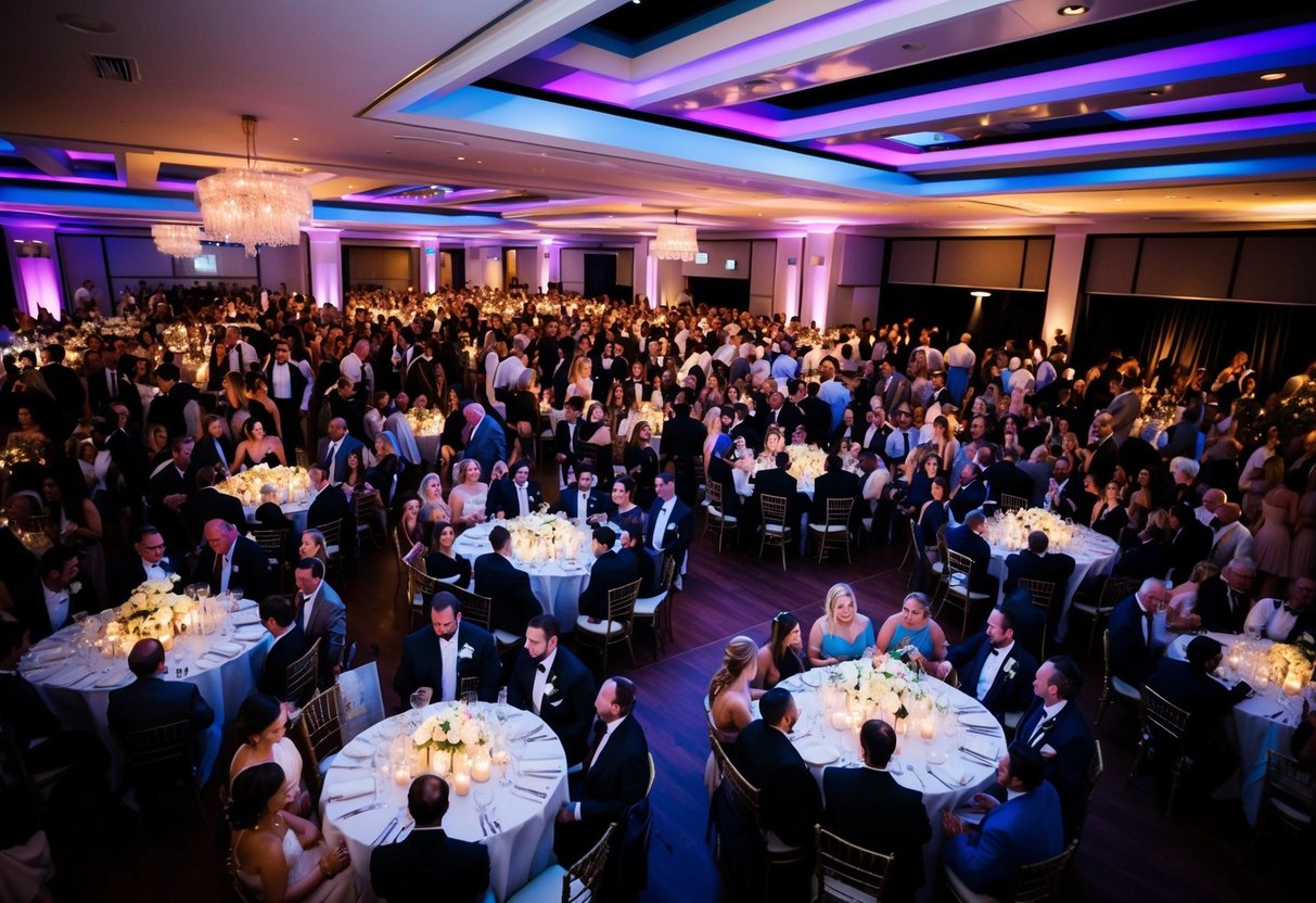 A crowded wedding reception with tables and chairs filled with guests, a bustling dance floor, and a busy bar area