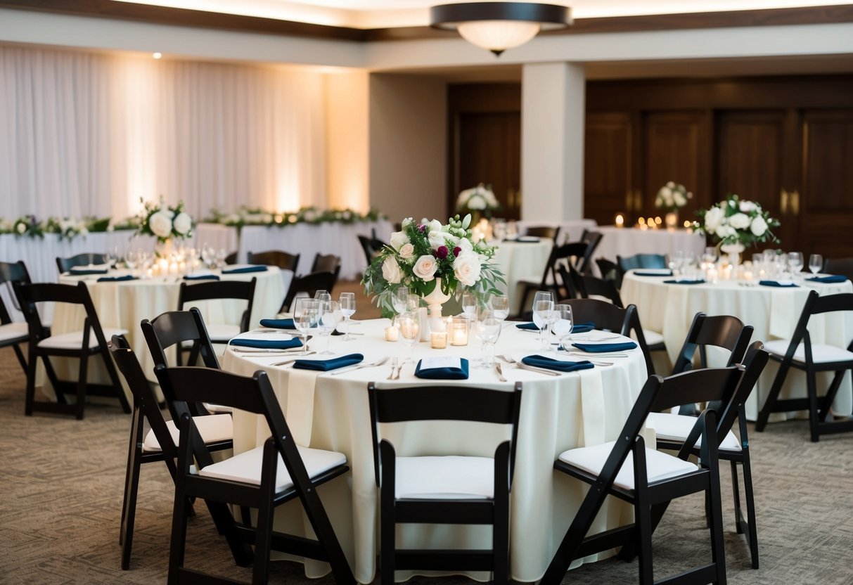 A wedding venue with tables, chairs, and floral decorations set up for a reception