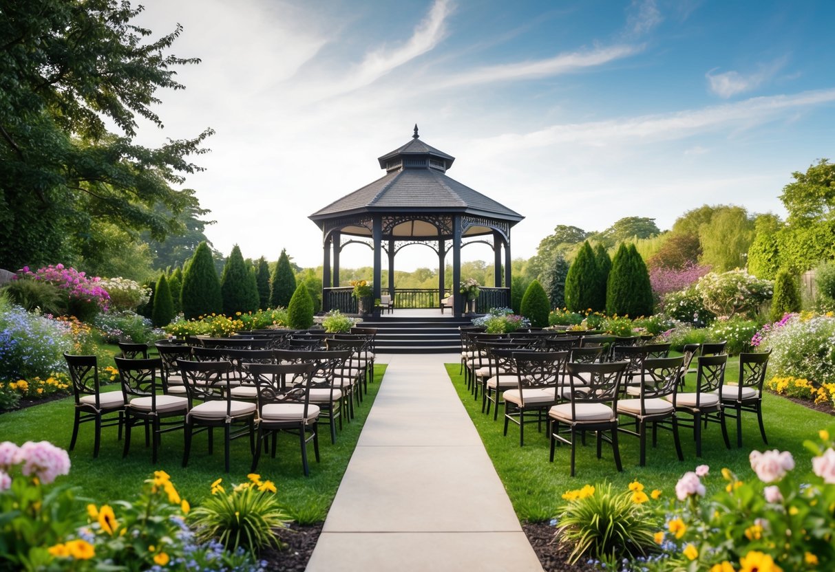 A picturesque outdoor garden with a large gazebo and seating for hundreds, surrounded by blooming flowers and lush greenery