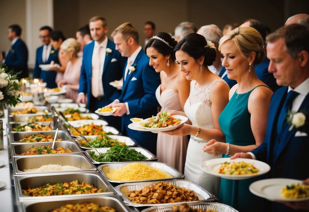Guests line up at the wedding buffet, eagerly eyeing the spread of food. The aroma of delicious dishes fills the air as they wait for their turn to fill their plates