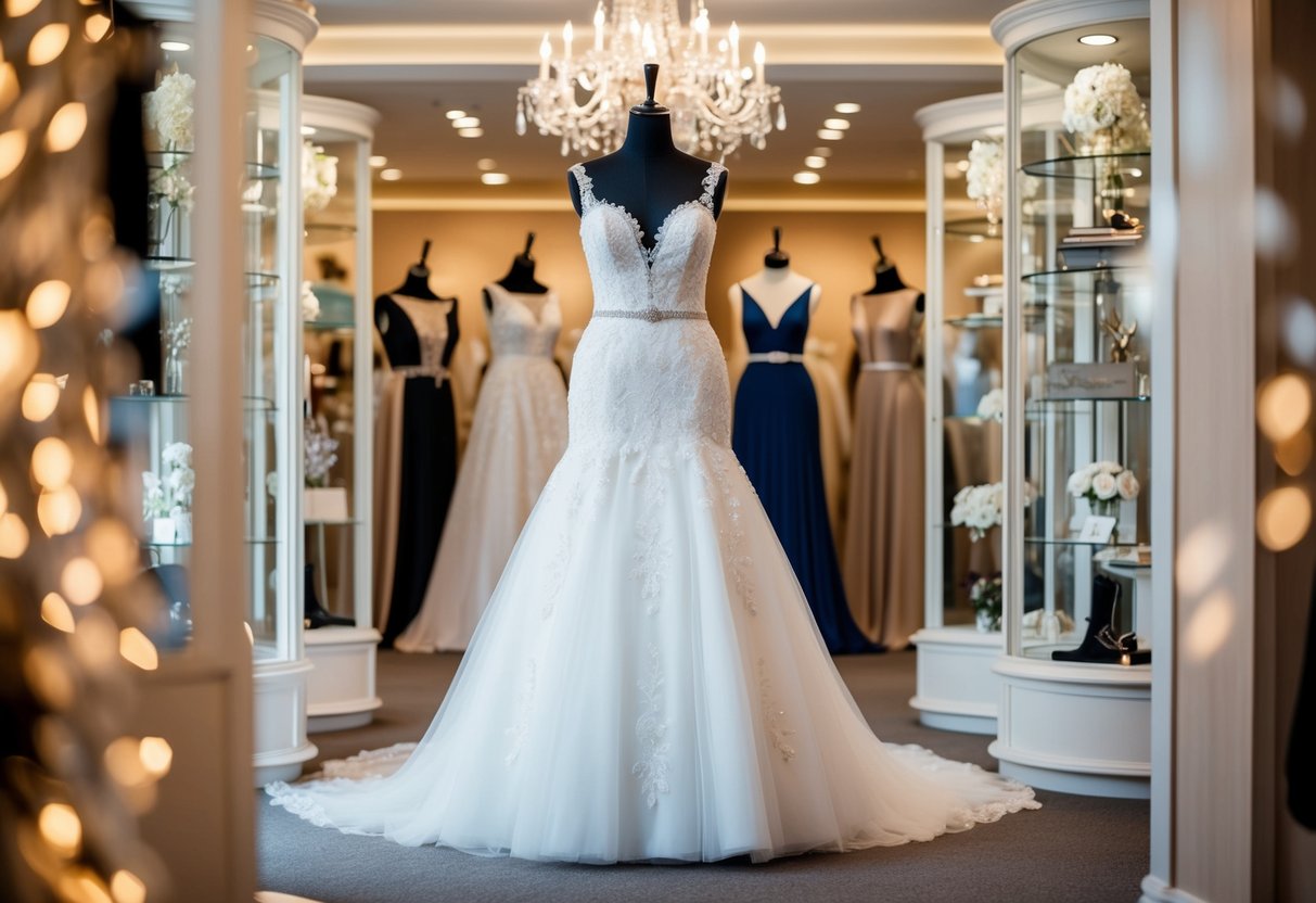 A wedding dress displayed in a boutique, surrounded by elegant accessories and soft lighting