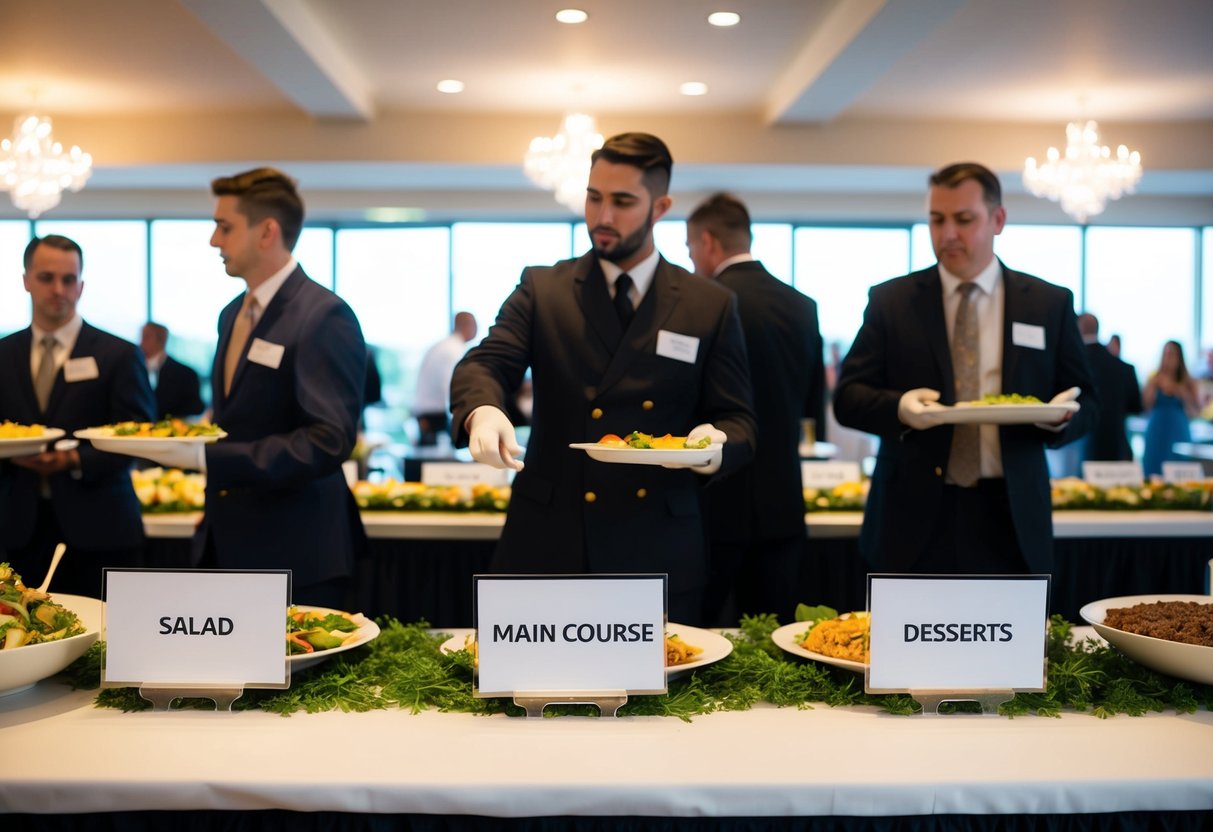 Guests stand behind labeled tables, indicating their food choice. A server directs guests to start at the salad bar, followed by the main course, and ending with desserts