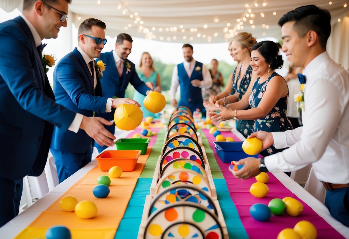 Guests interact with colorful activity stations, tossing bean bags, spinning wheels, and playing games to determine their place in line for the wedding buffet