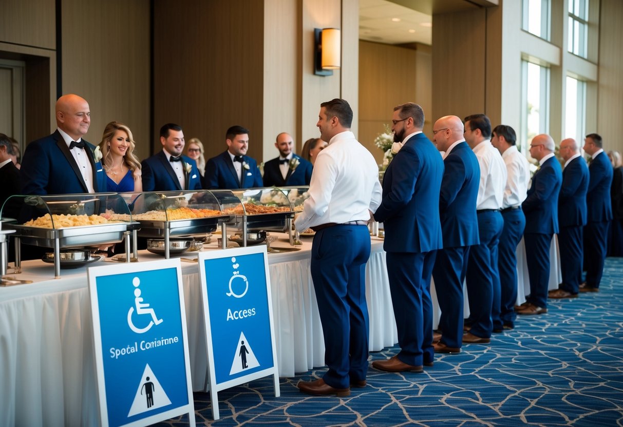 Guests lining up at wedding buffet, with clear signage indicating special considerations for access. Staff present to assist with any accommodations needed