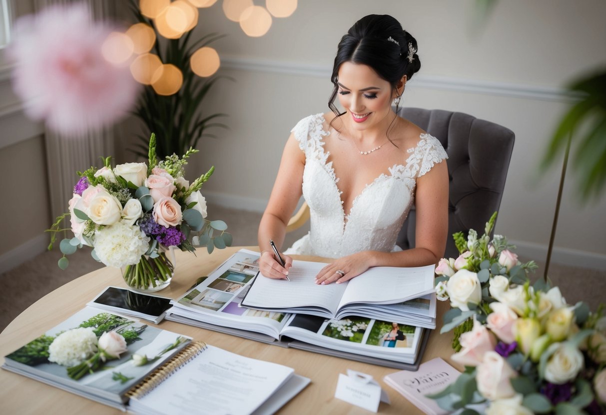 A bride surrounded by wedding magazines, flowers, and fabric swatches, making decisions and jotting down notes in a planner